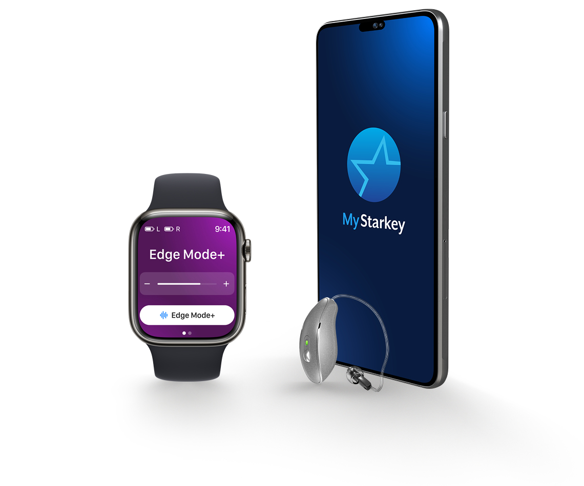 My Starkey App screen on an Apple Watch and iPhone next to a RIC hearing aid.